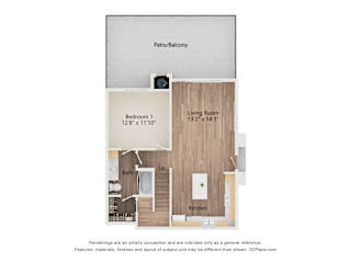 A 3D floor plan of a home with a living room, kitchen, bathroom, and two bedrooms.