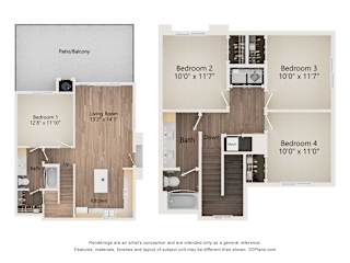 A floor plan of a house with four bedrooms and a living room.