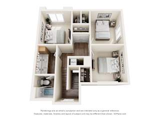 A 3D floor plan of a small apartment with a kitchen, living room, and bathroom.
