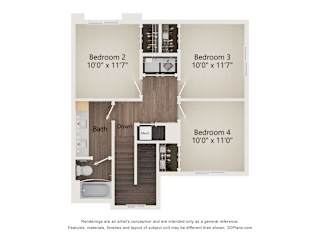 A floor plan of a house with four bedrooms and a bathroom.