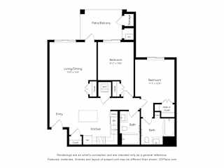 Two bedroom two bath floor plan layout at Turquoise Trail Apartments, Santa Fe, NM