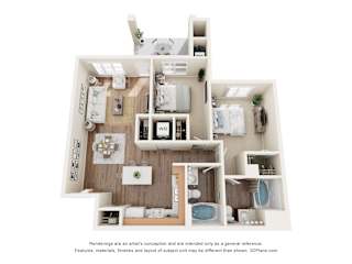 3D floor plan with two bedrooms and living area at Turquoise Trail Apartments, Santa Fe, 87508