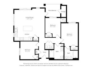 Three bedroom apartment floor plan with dual bathrooms at Turquoise Trail Apartments, Santa Fe, New Mexico