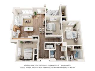 3D floor plan with three bedrooms and open living space at Turquoise Trail Apartments, Santa Fe