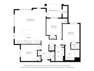 Three bedroom floor plan with patio balcony at Turquoise Trail Apartments, New Mexico