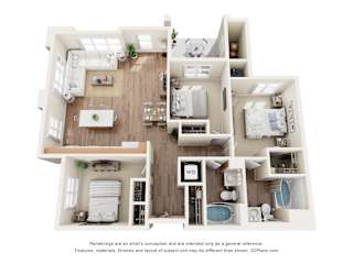 3D two bedroom apartment layout with open living space at Turquoise Trail Apartments, New Mexico, 87508