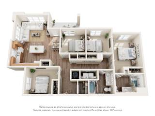 3D four bedroom floor plan with dual bathrooms at Turquoise Trail Apartments, Santa Fe, NM