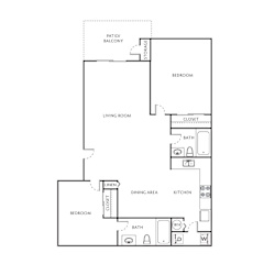 A floor plan of a home with a living room, two bedrooms, a kitchen, a dining area, a closet, a bath, and storage.