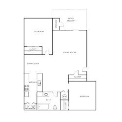 A floor plan of a home with a living room, dining area, kitchen, and two bedrooms.