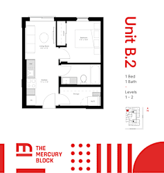 A black and white image of a floor plan for a unit with the title "Unit B.2" in red.