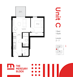 A floor plan for a unit C shows a bedroom, a bathroom, a living room, a kitchen, and a dining area.