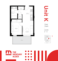 A floor plan for a unit with a bedroom, bathroom, and living room.