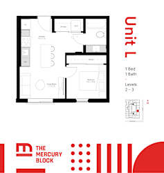 A black and white diagram of a one bedroom, one bathroom apartment on the second or third level.
