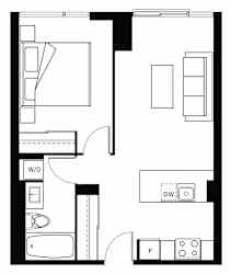 A floor plan of a house with a kitchen, living room, and bathroom.