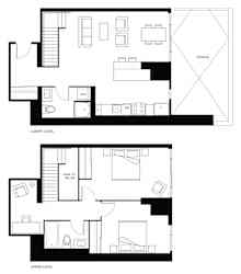 A black and white image of a floor plan for a two-level home.