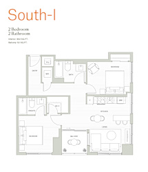 A floor plan of a South-I apartment with two bedrooms and two bathrooms.