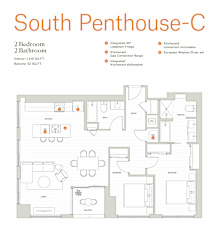 A floor plan of a South Penthouse with 2 bedrooms and 2 bathrooms.