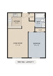 A floor plan of a 1 bedroom apartment with a living room, kitchen, bathroom and bedroom.