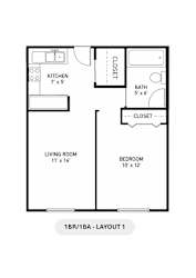 A black and white image of a 1BR/1BA apartment layout.