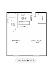 A floor plan of a 1BR/1BA apartment layout 2.
