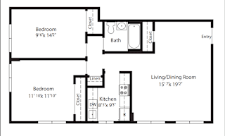 A floor plan of a small apartment with two bedrooms, a living/dining room, and a kitchen.