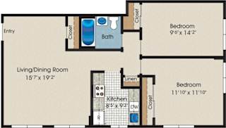 A floor plan of a small apartment with a living room, dining room, kitchen, and two bedrooms.
