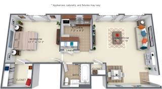 A floor plan of a small apartment with a kitchen, living room, and bathroom.