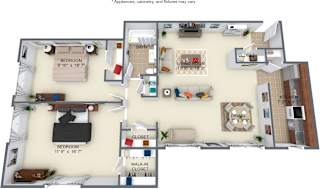 A floor plan of a house with two bedrooms, a living room, a dining room, a kitchen, and a walk-in closet.