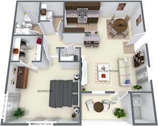 A 3D floor plan of a house showing a living room, kitchen, dining room, bedroom, bathroom, and closet.