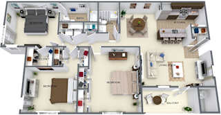 A 3D floor plan of a house with labeled rooms.
