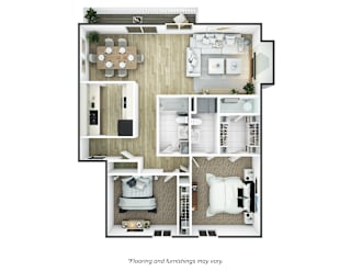 A floor plan of a house with a kitchen, living room, dining room, and bedrooms.