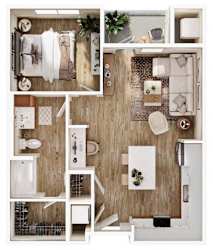 a bedroom with a wood floor