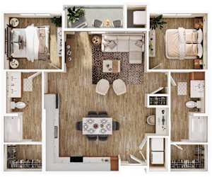 a bedroom with a living room and a kitchen