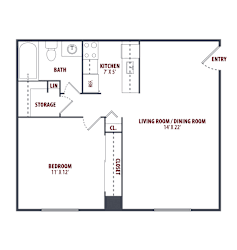A floor plan of a small apartment with a bedroom, living room, kitchen, and bathroom.