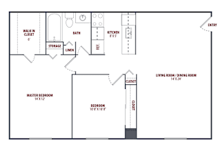 A floor plan of a house with a living room, two bedrooms, a bathroom, a kitchen, a walk-in closet, and storage.