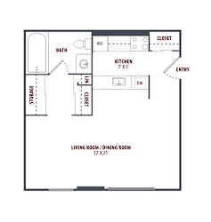 A floor plan of a small apartment with a living room, dining room, kitchen, and bathroom.