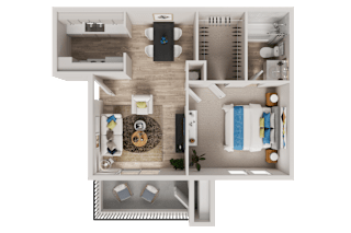 A top-down view of a well-organized apartment with a kitchen, living room, and bathroom.
