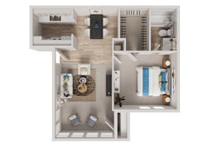 A top-down view of a small apartment with a kitchen, living room, and bathroom.