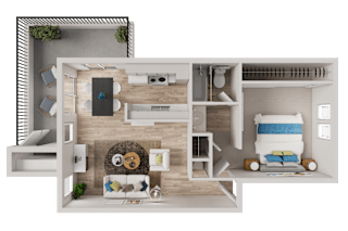 A top-down view of a modern apartment layout with a living room, kitchen, and bedroom.