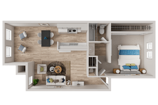 A top-down view of a small apartment with a bedroom, living room, and kitchen.