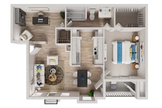 A top-down view of a well-organized apartment with a living room, kitchen, and bathroom.