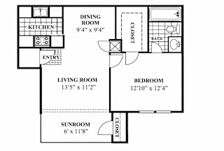 A black and white image of a floor plan for a small apartment.