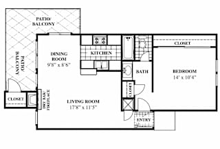 A floor plan of a house with a living room, dining room, kitchen, bath, bedroom, and closets.