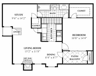 A floor plan of a home with a living room, dining room, kitchen, study, bedroom, bathroom, and closet.