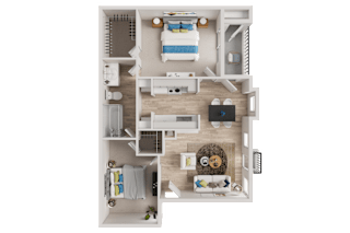 A detailed 3D floor plan of a small apartment with a kitchen, living room, and bedroom.
