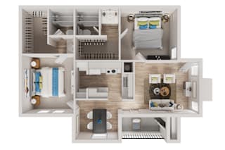 A 3D floor plan of a small apartment with a kitchen, living room, and bedroom.