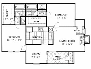 A floor plan of a house with a living room, two bedrooms, a kitchen, a bathroom, a closet, a fireplace, and a patio/balcony.