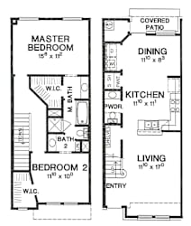 A floor plan of a house with a master bedroom, a dining area, a kitchen, and a living room.