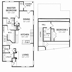 A floor plan of a two bedroom apartment with a living room, kitchen, and bathroom.