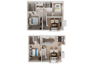 A top-down view of a small apartment with a kitchen, living room, and bedroom.